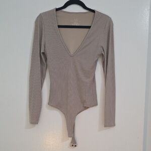 Klassy Network Taupe V-Neck Thong Bodysuit